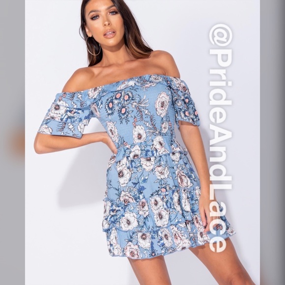 LAST 1️⃣ 🤍Floral Bardot Ruffle Frill Sheared Dress - Picture 2 of 9